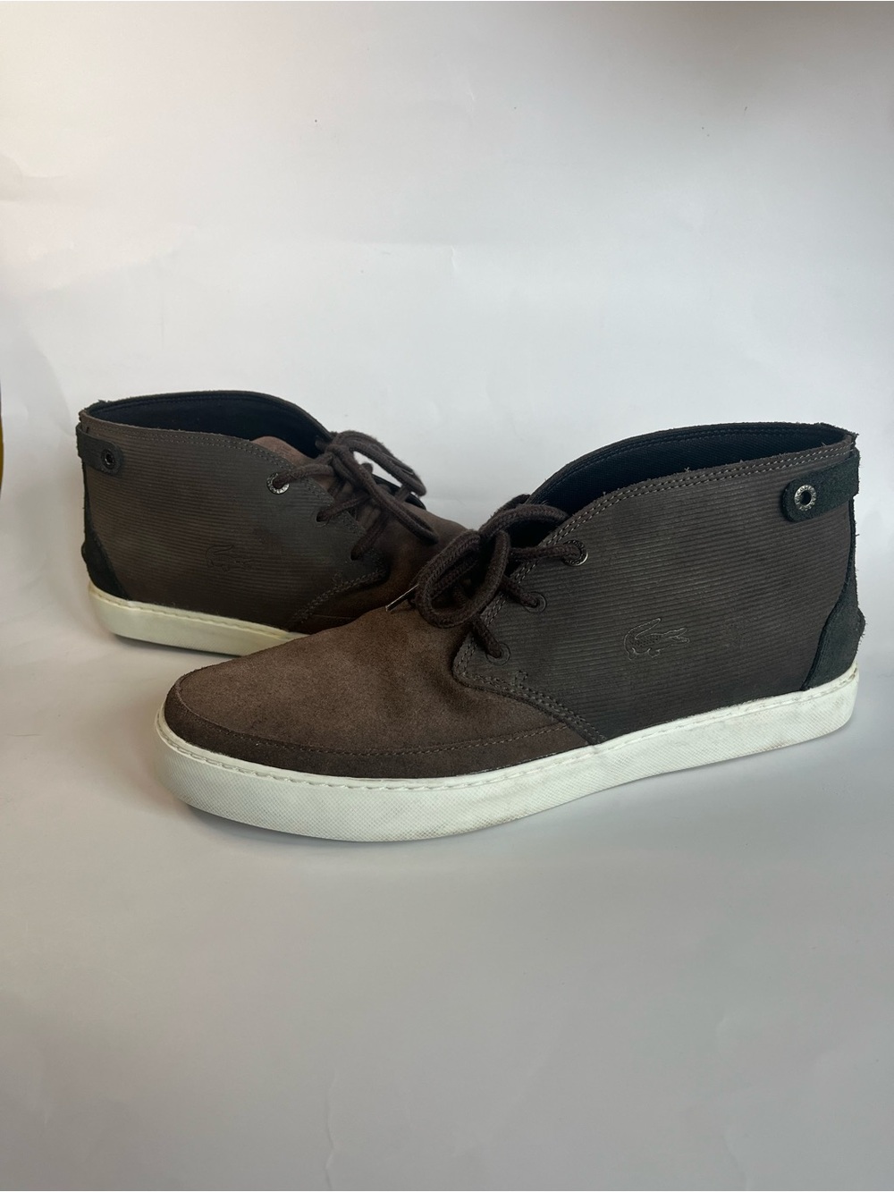 Lacoste Men's Brown Chukka Boots with White Sole in size US 10